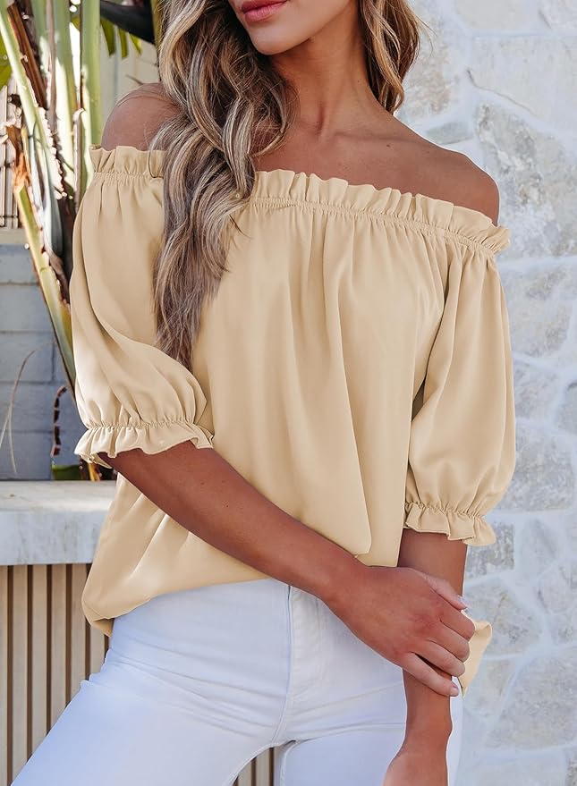 EVALESS Womens Tops Off The Shoulder Blouses for Women Dressy Casual Cute Puff Sleeve T Shirts Fashion 2026 - Image 3