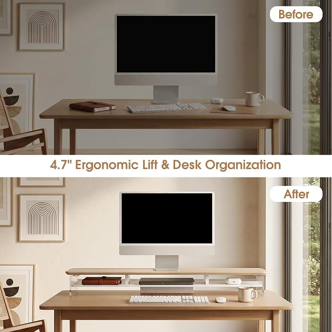 Fenge 42.5" Dual Monitor Stand with Clear Acrylic Legs, Oak | Clear acrylic, storage compartment, 2-tier home office monitor riser, wide large desktop shelf fit monitor/laptop/printer - Image 7
