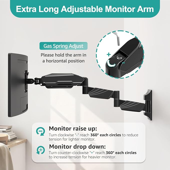 MOUNT PRO Monitor Wall Mount for 13 to 32 inch Computer Screen, Extra Long Adjustable Single Wall Mount Monitor Arm, Full Motion Vesa Wall Bracket 100x100, Hold up to 17.6lbs, Black - Image 9