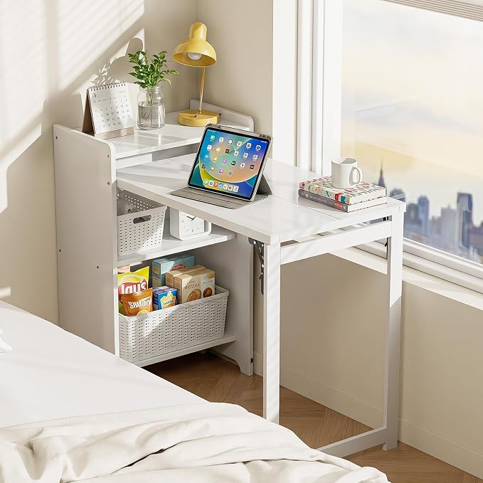 Bamboo Folding Desk with Storage, Foldable Desk for Small Spaces, White | Space-Saving Computer Desk with Storage, Compact Size, Writing Study Table for Home Office, Bedroom, Dorm, Apartment - Image 2