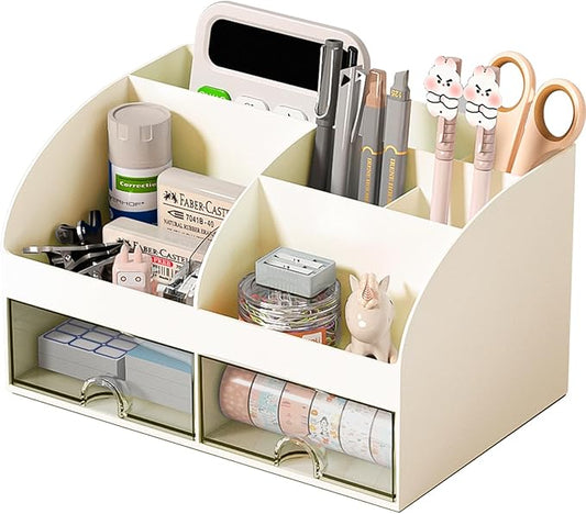 COMFYROOM Desk Organizer with 6 Compartments and 2 Drawers, Plastic Makeup Organizer, Pen Holder for Desktop Storage, Desk Organization for School, Home, Office Supplies (Ivory) by COMFYROOM