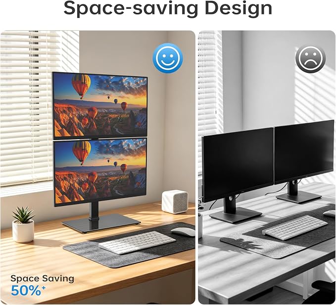 Vertical Dual Monitor Stand for 13-32 Inch Monitors, No Clamp, Freestanding | Supports 44 lbs/Arm | Tempered Glass Base | ±25° Swivel | -5° to +10° Tilt | 8 Height Options | VESA 75×75/100×100 mm - Image 8