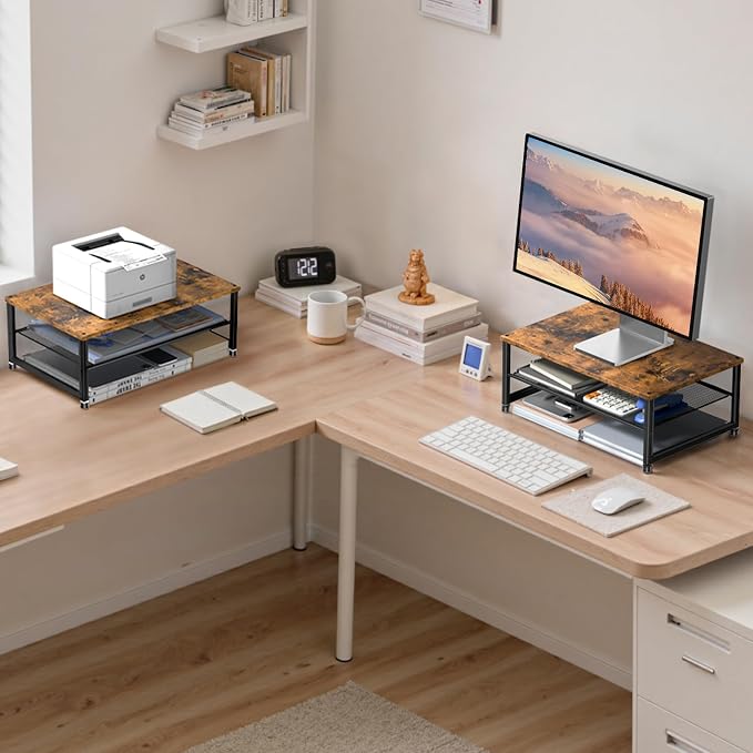 ECOLOVI 2-Tier Computer Monitor Stand Riser, Desk Organizer for Monitor, Printer & Laptop Stand, Desktop Workspace Organizers for Office Supplies(Brown) - Image 5
