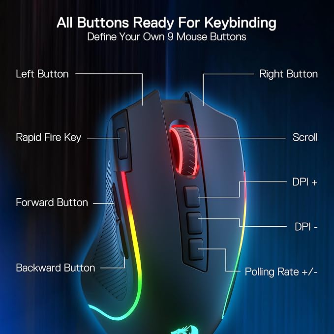 Redragon M612 Wireless RGB Optical Gaming Mouse 8000 DPI Remapping Keys | Cable-Free 0 Delay, Redefine Keybinding Macro, Vibing Backlight, Ergonomic Grip Body Comfort - Image 4