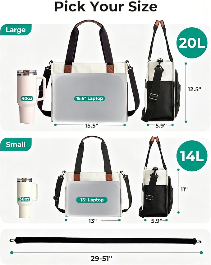 BAGSMART Small Tote Bag for Women, 13'' Laptop Canvas Work Bag with Zipper | 30oz/40oz Tumble & 11 Pockets Travel Tote, Teachers/Nurses, Lightweight Canvas or Water-Resistant Puffer Taslon Crossbody Bag - Image 6