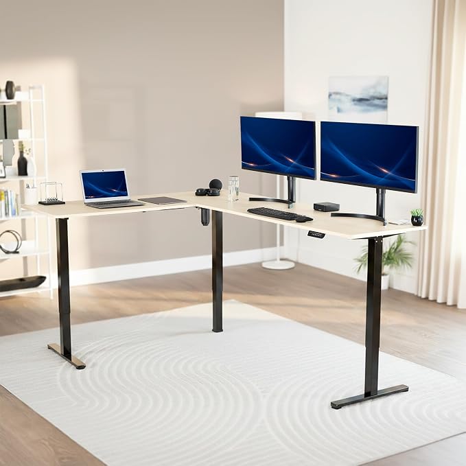 VIVO Light Wood 84 x 63 in Corner Standing Desk, DESK-E3CTBC-84 | Electric, Large Reversible L-Shaped Table, Sit Stand Height Adjustable, Memory Controller, Office Furniture Sets, Black Frame - Image 2