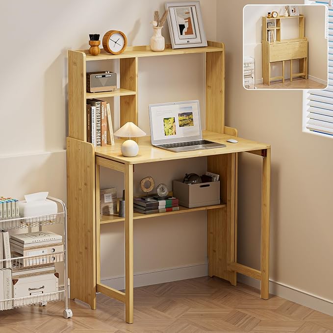 Folding Desk for Small Spaces, Bamboo Foldable Desk with Bookshelf, Natural | Small Computer Desk with Storage, Mid Century, Fold Out，Compact Size, for Bedroom, Living Room, Apartment, Home Office by Unknown