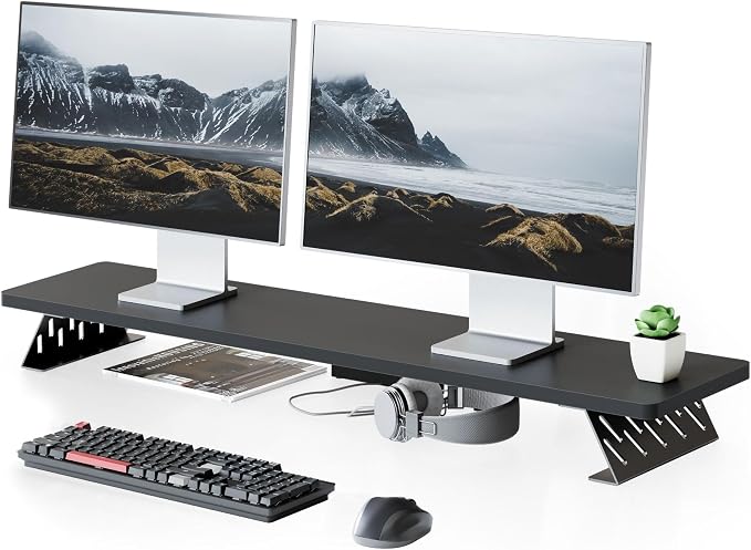 Fenge Dual Monitor Stand Riser, 42.5 Inch Desk Top Shelf for 2 Monitors, Computer Stands for Desk, Wood & Steel Desktop Riser for Laptop, PC, Printer by Fenge