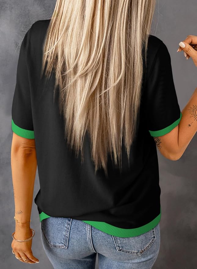 Dokotoo Womens Tops 2026 Casual Summer Crewneck Short Sleeve Striped Color Block Knit High Low Trendy Pullover Sweaters - Image 3
