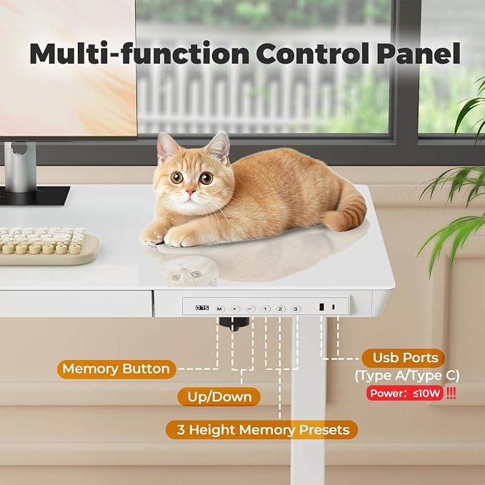 32" Glass Standing Desk with Drawer, Small Electric Desk | Height Adjustable Quick Install One-Piece Tabletop with USB Charging Ports, Sit Stand Computer Desk for Compact Space, White - Image 6