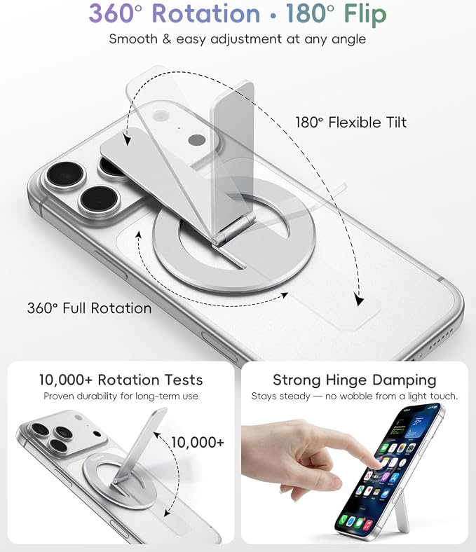 Magnetic Phone Stand Grip, 3-in-1 for MagSafe Phone Holder & Kickstand, Durable Silver Aluminum Grip, Ultra-Slim 2mm, 360° Rotation, Detachable for MagSafe Charging, Works with iPhone 17–12 - Image 4