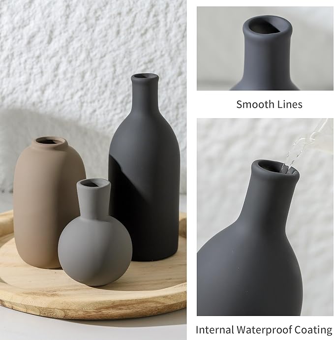 Ceramic Vase Set of 3, Rustic Farmhouse Vases Home Decor Pottery Pampas Vase Decoration Modern Neutral Flowers Vases for Room Decor, Entryway, Living Room, Table, Kitchen, Bedroom - Multicolor - Image 5