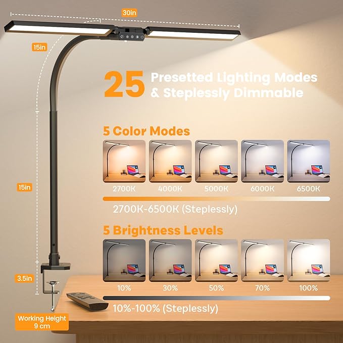 SIBRILLE Upgraded Desk Lamp for Home Office - Dimmable Computer Desk Light with Remote, Modern Architect Task Lamp with Color Changing, Flexible Desktop Lamp with Gooseneck for Monitor, Double Head - Image 3