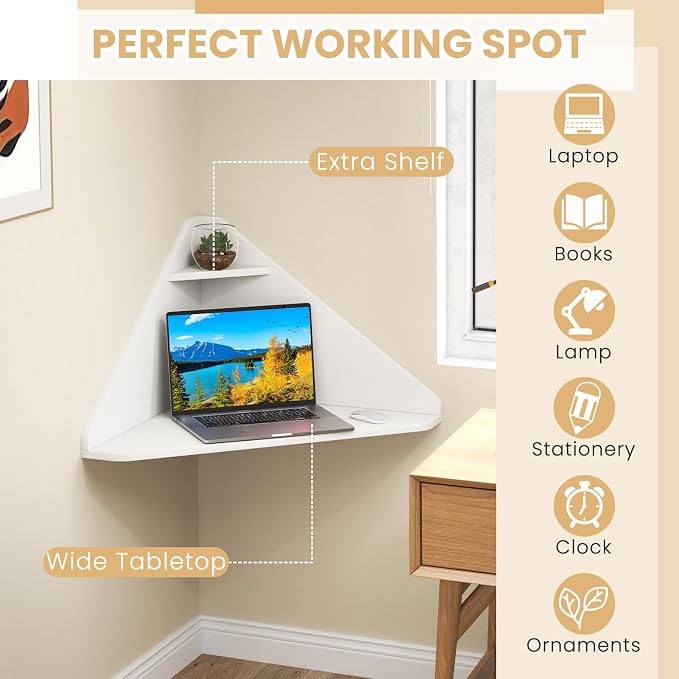Giantex Corner Floating Desk, Wall Mounted Computer Desk with Storage Shelf, Space-Saving Writing Desk, Triangle Laptop Desk for Living Room, Study, Bedroom, Home Office & Small Spaces (White) - Image 4