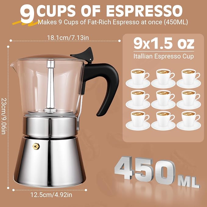 9 Cup 450ml Glass Moka Pot, Stovetop Espresso Maker, Silver | Crystal Glass-top & Stainless Steel Coffee Maker, Induction Compatible, for Greca de Cafe, Cuban and Italian Coffee Brewing - Image 5