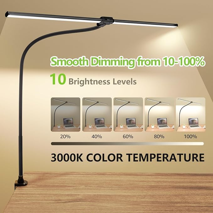 ShineTech LED Desk Lamp for Home Office, 3000K Warm White Double Head Architect Task Lamps with Clamp, Dimmable Adjustable Flexible, Black - Image 2