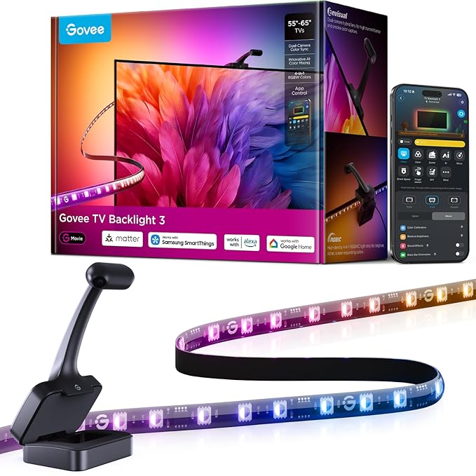 Govee TV Backlight 3 with Dual 4MP Lens, TV Lights Sync to 55-65 Inch TVs | RGBWIC LED Strip Lights for Movie Night, Smart AI Color Filter, App & Voice Control, Compatible with Matter, 60LEDs/m, 11.8ft by Unknown