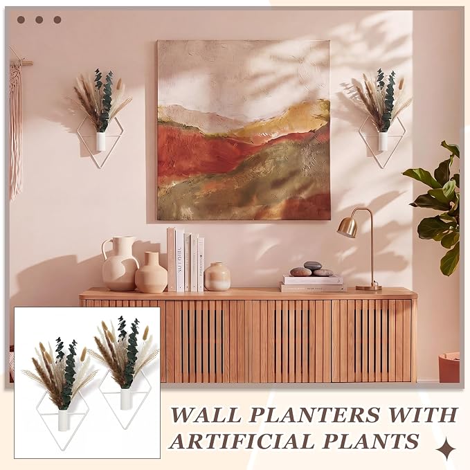 Jexine 4 Pcs Hanging Planters with Artificial Pampas Eucalyptus Metal Hanging Vase Indoor Plants Holder Modern Geometric Boho Bathroom Wall Decor for Living Room Home Office, Matte White - Image 6