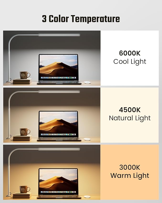 SUPERDANNY Eye-Caring LED Desk Lamp 360° Flexible Gooseneck Work Lamp with Desk Side Clamp Touch Control 3 Light Colors Smooth Dimming Task Lighting Reading Light for Home Office College Dorm, White - Image 5