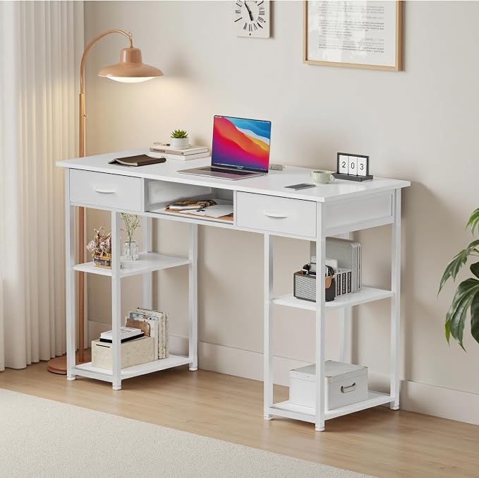 OLIXIS Desk with Storage, Computer Desk, Fabric Drawers | Home Office Work Table, Study Gaming Writing Table, Bedroom Small Space, White - Image 2