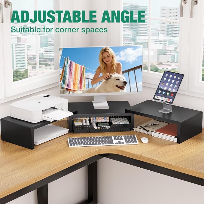 OPNICE Dual Computer Monitor Stand Riser, Desk Organizer with Drawer, Office Desk Accessories & Workspace Organizers for Home Office Supplies, Black - Image 4