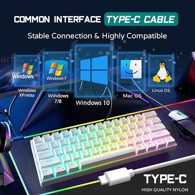 RK ROYAL KLUDGE RK61 Wired 60% Mechanical Gaming Keyboard Programmable QMK/VIA RGB Backlit 61 Keys Ultra-Compact Hot Swappable Brown Switch White - Image 6