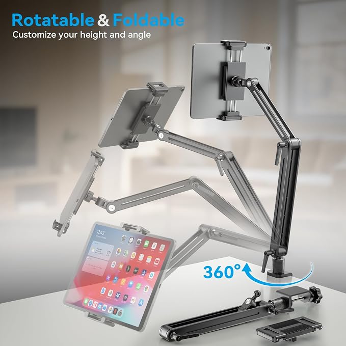 Jakeko Adjustable Portable Monitor Stand 15.6" - 360° Rotating Base Tall Tablet Desk Arm Holder Stand for iPad Air/Pro/Mini Swivel Flexible Clamp Mount Soporte para Tablet/Monitor Portatil/Ereader - Image 6