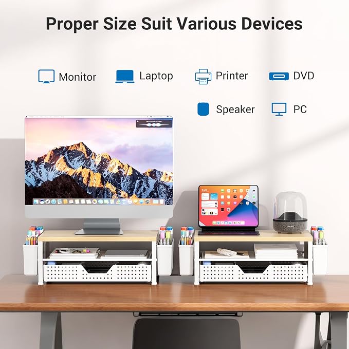 Wood Metal Monitor Stand Riser, Laptop Stand for Desk, Office Desk Organizer and Accessories, Computer Desktop Shelf with Drawer and Pen Holder, Printer Stand for Home, Office, Dorm (Natural Wood) - Image 3