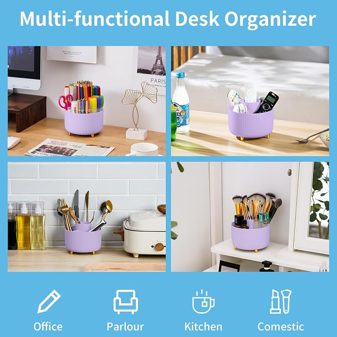 Marbrasse Desk Organizer, 360-Degree Rotating Pen Holder, Desk Organizers and Accessories with 5 Compartments Pencil Holder, Art Supply Storage Box Caddy for Office, Home（Purple） - Image 3