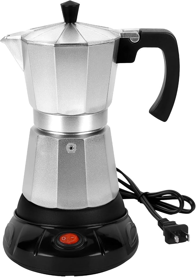 Electric Moka Pot, 3 or 6 Cup Espresso Coffee Maker, Silver | Food-grade aluminum, dose reduction plate, boil-dry protection, auto-stop, detachable base, for Cuban and Italian coffee by Suiitat