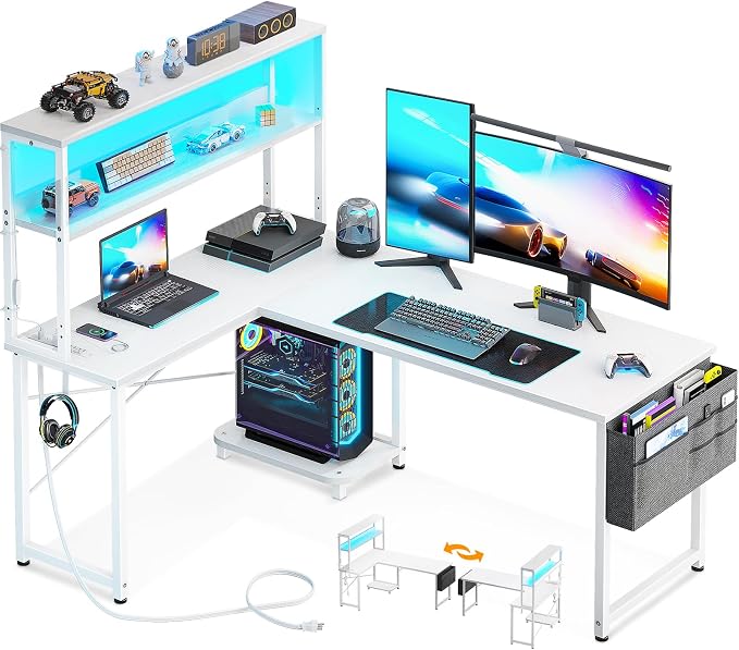 AODK L Shaped Desk Gaming Desk with LED Light & Power Outlet | 53 Inch White Reversible L Shaped Computer Table with Shelf, Corner Desk with Storage Bag&Hook for Home Office Desk by AODK