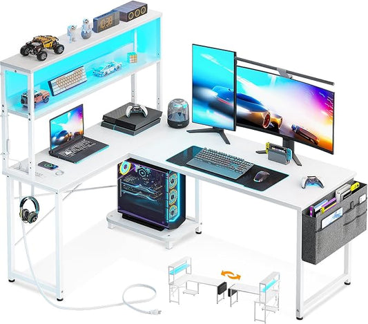 AODK L Shaped Desk Gaming Desk with LED Light & Power Outlet | 53 Inch White Reversible L Shaped Computer Table with Shelf, Corner Desk with Storage Bag&Hook for Home Office Desk by AODK