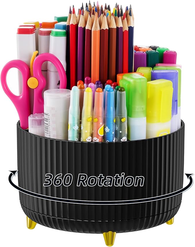 Marbrasse Desk Organizer, 360-Degree Rotating Pen Holder, Desk Organizers and Accessories with 5 Compartments Pencil Holder, Art Supply Storage Box Caddy for Office, Home (Black) by Marbrasse