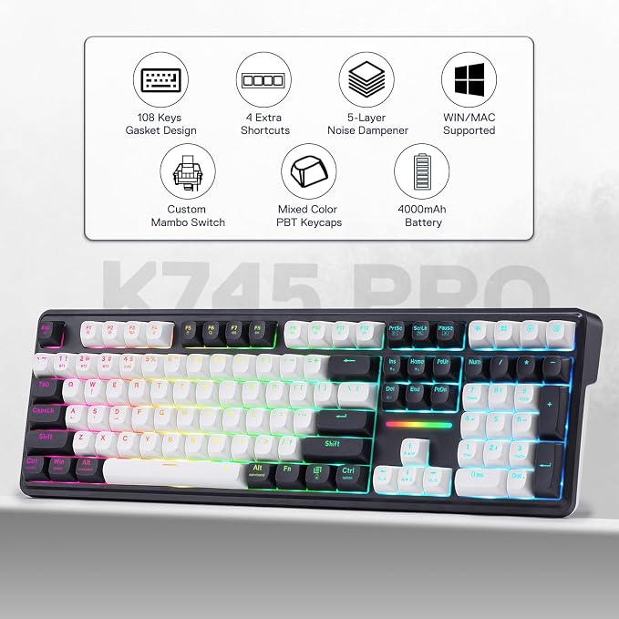 Redragon K745 PRO Wireless 108-Key Gasket RGB Gaming Keyboard, 4 Hotkeys | Extra Shortcut Keys, 0-Delay Tri-Mode, Cushioned Noise Dampening for Creamy Thocky Sound, Unfaded PBT Keycaps, PRO Software - Image 2