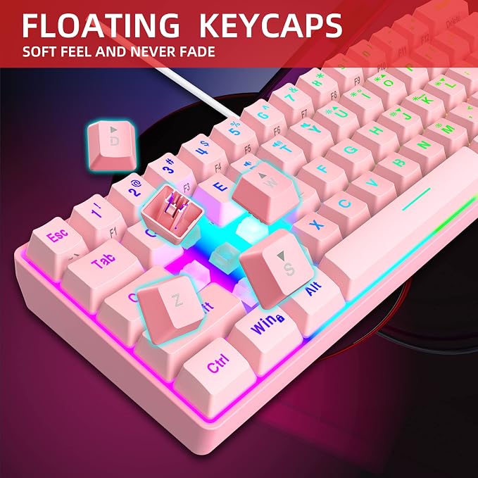 Snpurdiri 60% Wired Gaming Keyboard, 61 Keys RGB Backlit Ultra-Compact Mini Gaming Keyboard for PC/Mac Gamer, Typist, Travel, Easy to Carry on Business Trip(Pink) | Backlit Ultra-Compact Mini Gaming Keyboard for PC/Mac Gamer, Typist, Travel, Easy to Ca... - Image 5