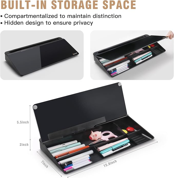 SELEAD Desktop Glass Whiteboard with Organizer, Markers, Eraser - Dry Erase Board Computer Pad Keyboard Stand with Drawer and Holder for Home, School, Office - Black - Image 5