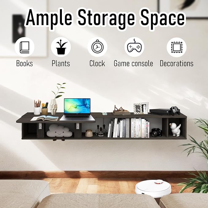 Pmnianhua 63'' Floating Desk with Storage Shelves,Wall Mounted Desk Laptop Computer Writing Study Table for Bedroom Small Space(Dark Grey) - Image 3