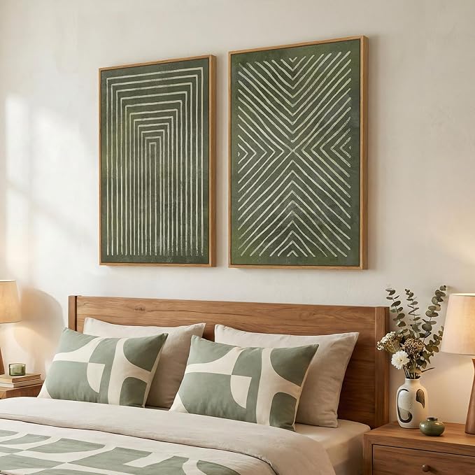 Large Framed Green Abstract Wall Art, 2 Piece Modern Canvas Prints Paintings, Minimalist Sage Green Geometric Pictures for Living Room Dining Room Bedroom Office Hallway Lounge Wall Decor 24x36 In - Image 2