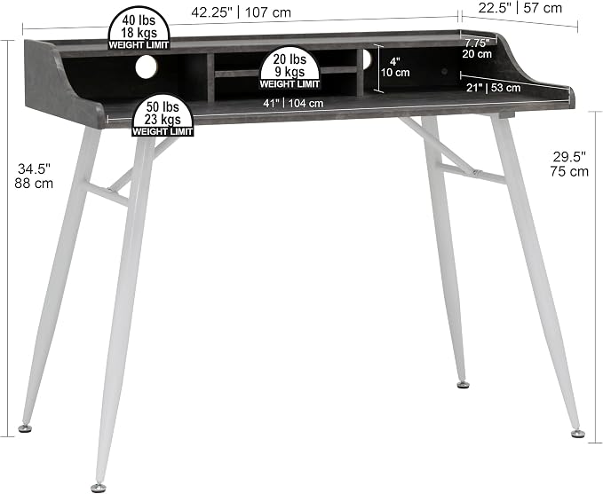 Calico Designs Woodford 45” Wide Modern, Secretary, Writing, Desk with Low Storage Hutch and Whtie Metal Tapered Legs in Marbled Dark Grey, White - Image 3