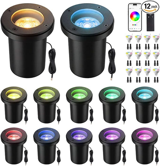 Smart RGBCW In-Ground Landscape Lighting, 12V Low Voltage Outdoor Well Lights with App & Remote Control, Color Changing Replaceable MR16 Bulb for Yard, Pathway, Deck & Driveway, 12 Pack by Varmtalys