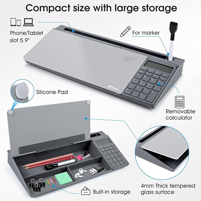 Varhomax Glass Desk Whiteboard Gray with Calculator, Desktop Organizer Dry Erase White Board with Storage, to Do List Memo Notepad for Home Office and School Supplies - Image 6