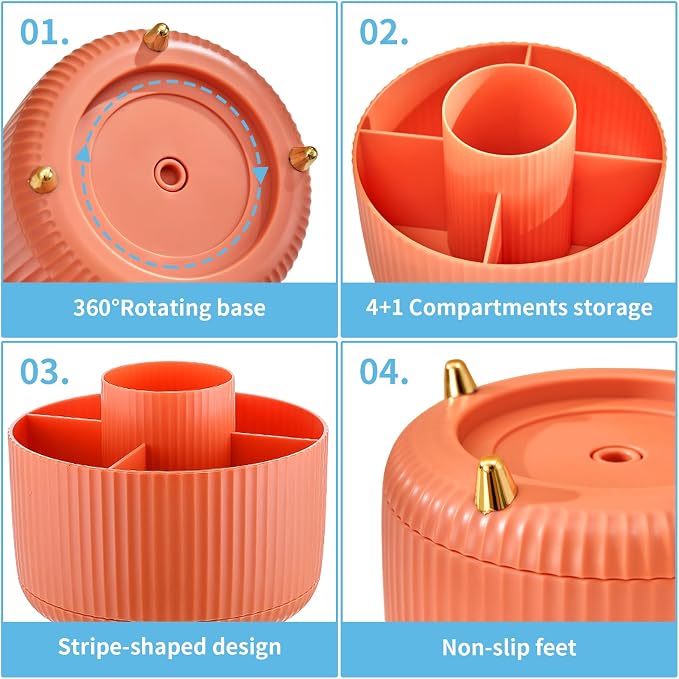 Marbrasse Desk Organizer, 360-Degree Rotating Pen Holder, Desk Organizers and Accessories with 5 Compartments Pencil Holder, Art Supply Storage Box Caddy for Office, Home（Orange） - Image 4