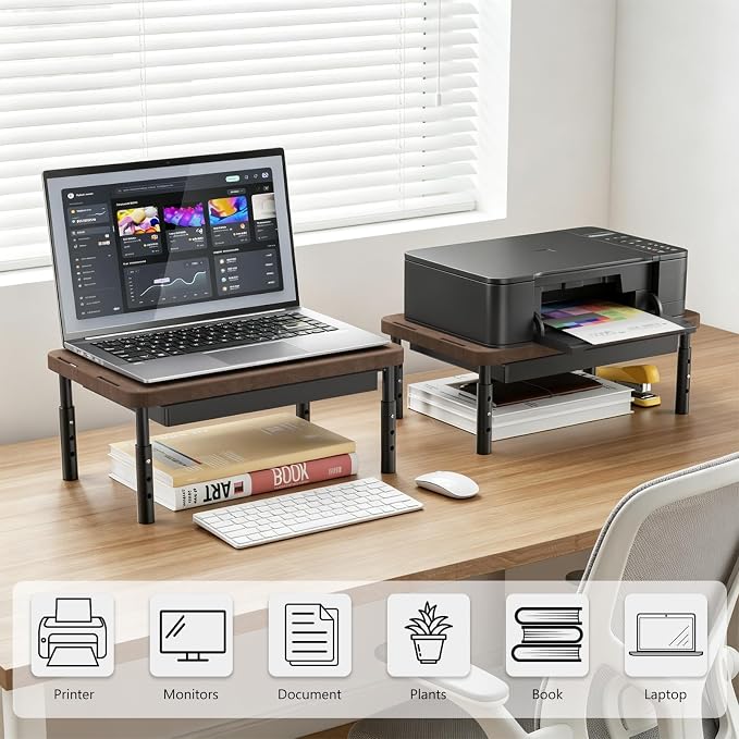 WALI Plastic Computer Monitor Stand with Storage, Desk Monitor Riser 3 Height Adjustable, Laptop Riser with Airflow Vents, Desk Organizer for Computer, Laptop, Printer (PTT002-C), 1 Pack, Brown - Image 9