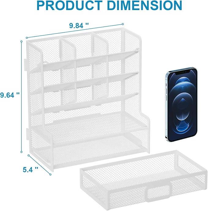 Marbrasse Larger Mesh Desk Organizer with Drawer, Multi-Functional Pen Pencil Holder, Easy Assembly, Desk Organizers and Accessories for Office Art Supplies (White) | Multi-Functional Pen Pencil Holder, Easy Assembly, For Office Art Supplies - Image 4