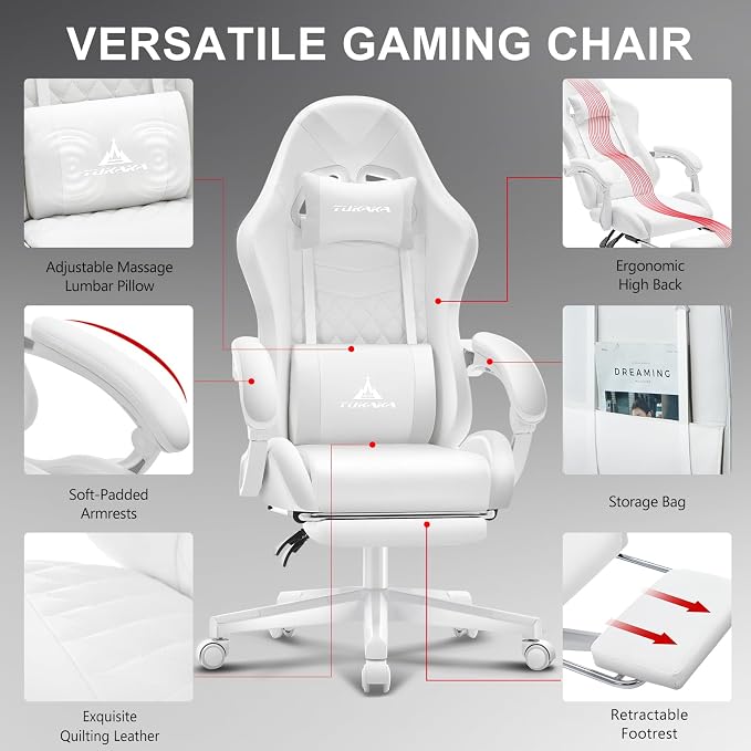 White Gaming Chair,Ergonomic Massage Office Desk Chair with Footrest | Pocket Spring Cushion,Reclining,Thick High Back,Headrest and Lumbar Support,Adjustable Leather Computer Chair Gamer Chair - Image 5