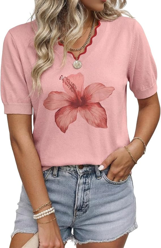 Dokotoo Womens Summer Short Sleeve Knit Tops 2026 Spring Trendy Casual V Neck Striped Sweater Blouses by Dokotoo