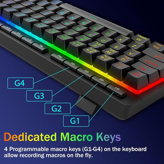 Redragon Wireless Gaming Keyboard, RGB Backlit, Portable 60% Design, Black | Bluetooth/2.4GHz/USB-C Wired, Mini Quiet Macro Membrane Keyboard, Rechargeable 4000mAh Battery, Anti-Ghosting for Win/MAC - Image 5