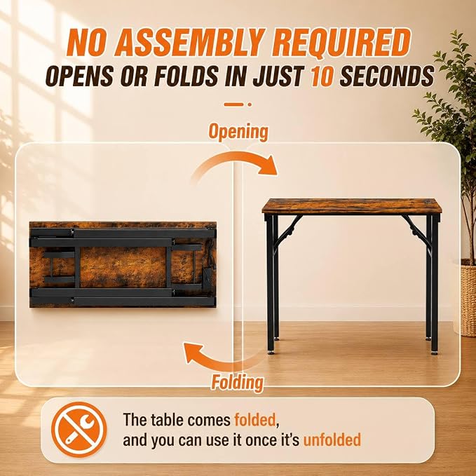 Folding Table Computer Desk - 35.8" No Assembly Folding Desk with Power Outlets & USB Charging Port, Small Desk, Foldable Office Desk, Compact Storage Portable Use for Small Space, Rustic Brown - Image 4