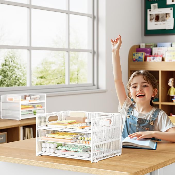 Subekyu 2-Pack 3-Tier White Metal Mesh Desk Paper Letter Tray & File Sorter Organizer with Handle + 1 Sliding Tray for Desk, Home, Office, School Supplies, A4 Paper and Accessories Storage - Image 5