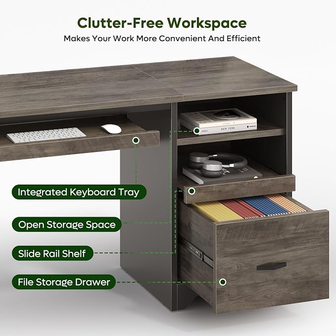 Bestier 47" Office Desk with Drawers, Industrial Computer Desk with Drawer, Reversible Teacher Desk with Storage & Keyboard Tray for Small Space Home Office & Studio, Gray Wash | 47 Inch Desktop With File Drawer, Open Storage, Keyboard Tray And Reversi... - Image 3